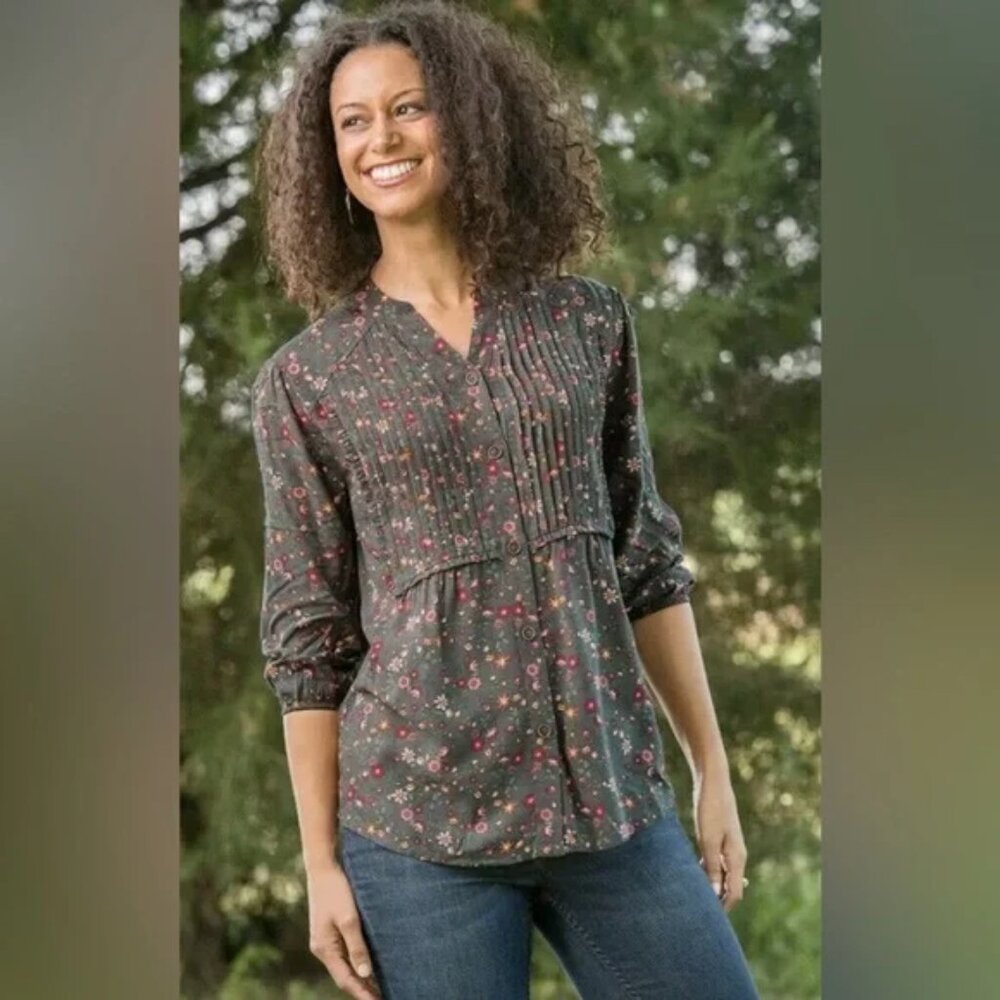 MATILDA JANE L Afternoon Stroll Smocked V-Neck Fall Blouse Floral Rayon